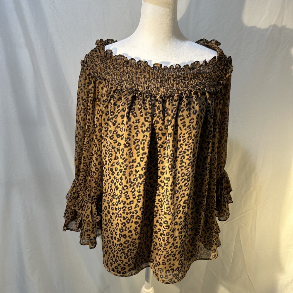 CeCe Leopard Print Womens Large Ruffled Bell Sleeves Feminine Blouse Sheer Lined
